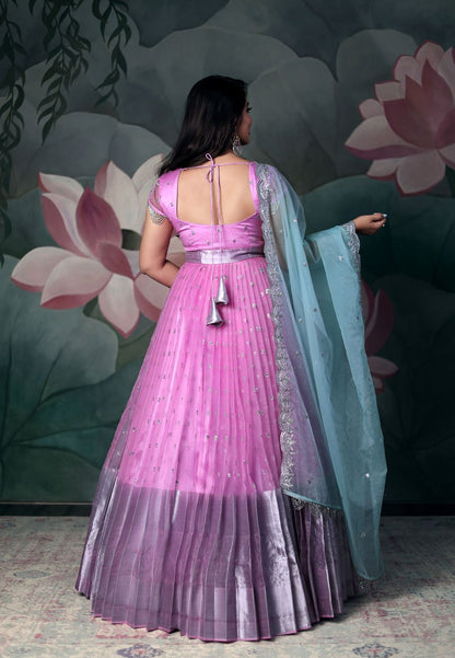 PINK BLUE ORGANZA SEQUIN ANARKALI SET