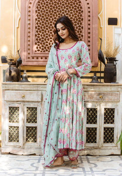 BLUE HANDBLOCKED RICH COTTON ANARKALI SUIT SET
