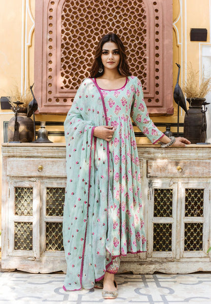 BLUE HANDBLOCKED RICH COTTON ANARKALI SUIT SET