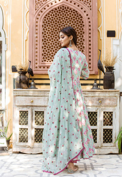 BLUE HANDBLOCKED RICH COTTON ANARKALI SUIT SET