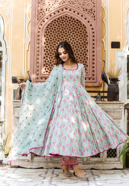 BLUE HANDBLOCKED RICH COTTON ANARKALI SUIT SET