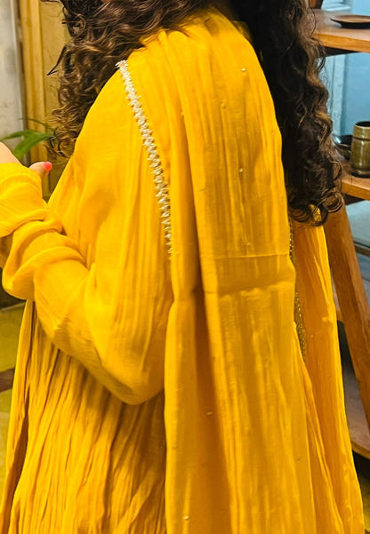 YELLOW EMBROIDERED CHANDERI ANARKALI SUIT SET