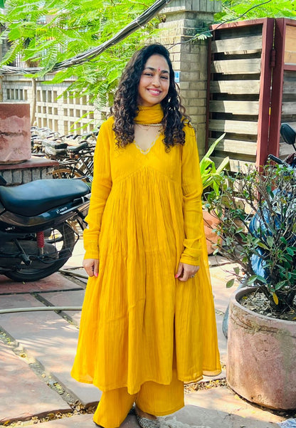 YELLOW EMBROIDERED CHANDERI ANARKALI SUIT SET