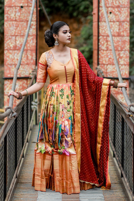 ORANGE RED SILK KALAMKARI ANARKALI SET