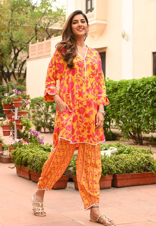 YELLOW FLORAL COLOR CRUSH KURTA SET