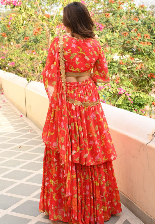 TANGERINE RED NARGIS FLORAL DRAPED SAREE