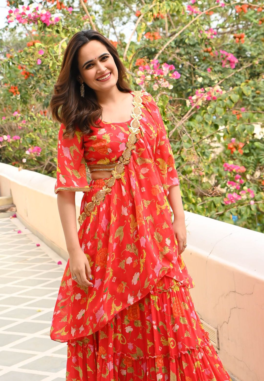 TANGERINE RED NARGIS FLORAL DRAPED SAREE