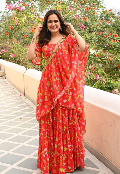 TANGERINE RED NARGIS FLORAL DRAPED SAREE