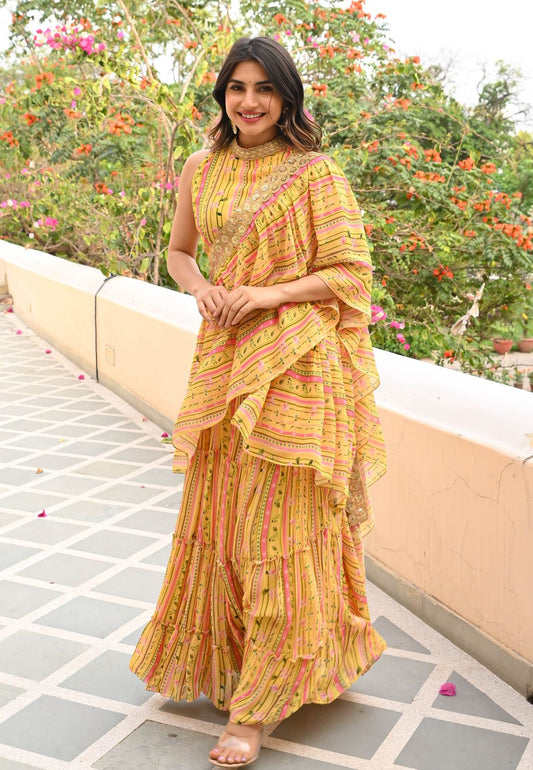 YELLOW GULAB FLORAL DRAPED SAREE