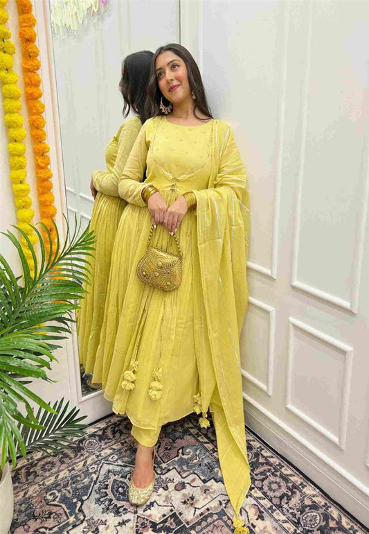 MUSTARD COTTON MUL GATHERED ANARKALI SUIT SET