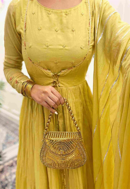 MUSTARD COTTON MUL GATHERED ANARKALI SUIT SET