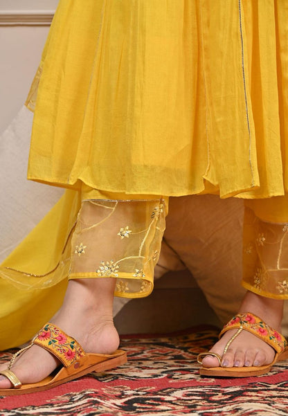 YELLOW COTTON MUL GATHERED ANARKALI SUIT SET