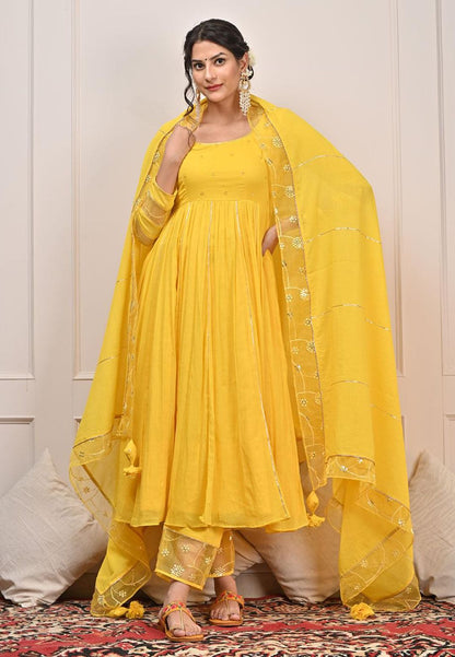 YELLOW COTTON MUL GATHERED ANARKALI SUIT SET