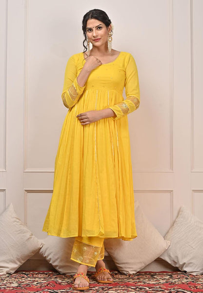 YELLOW COTTON MUL GATHERED ANARKALI SUIT SET