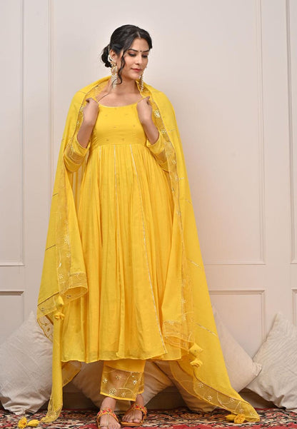 YELLOW COTTON MUL GATHERED ANARKALI SUIT SET