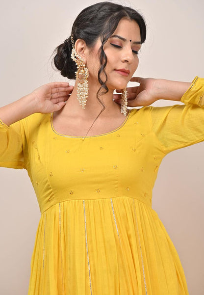 YELLOW COTTON MUL GATHERED ANARKALI SUIT SET