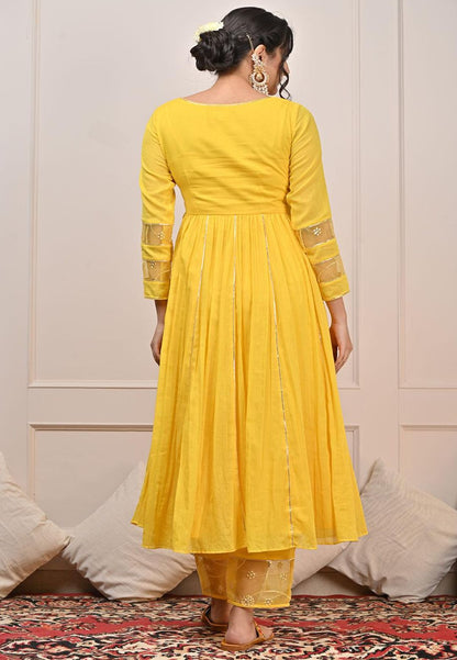 YELLOW COTTON MUL GATHERED ANARKALI SUIT SET