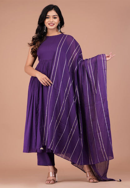 PURPLE HALTER NECK COTTON MUL SUIT SET