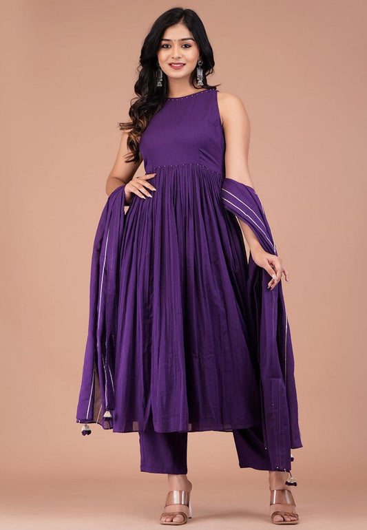 PURPLE HALTER NECK COTTON MUL SUIT SET