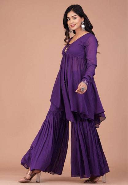 PURPLE COTTON MUL PEPLUM SHARARA SET