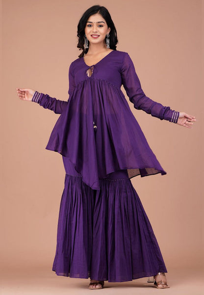 PURPLE COTTON MUL PEPLUM SHARARA SET