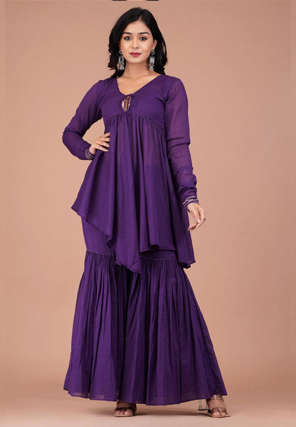 PURPLE COTTON MUL PEPLUM SHARARA SET