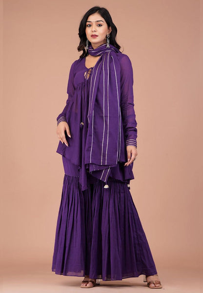 PURPLE COTTON MUL PEPLUM SHARARA SET