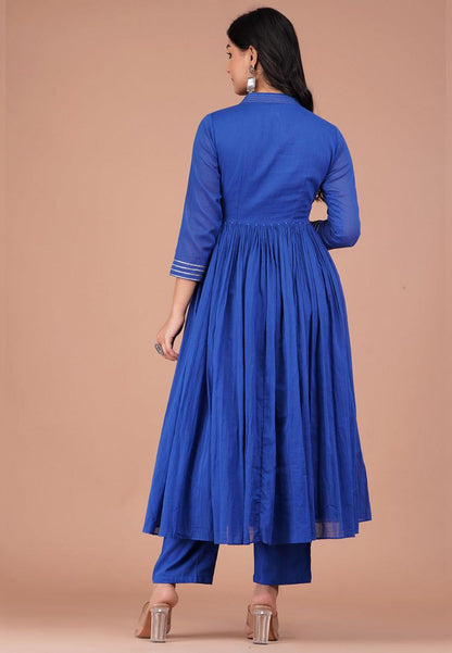 BLUE V NECK COTTON MUL ANARKALI SUIT SET