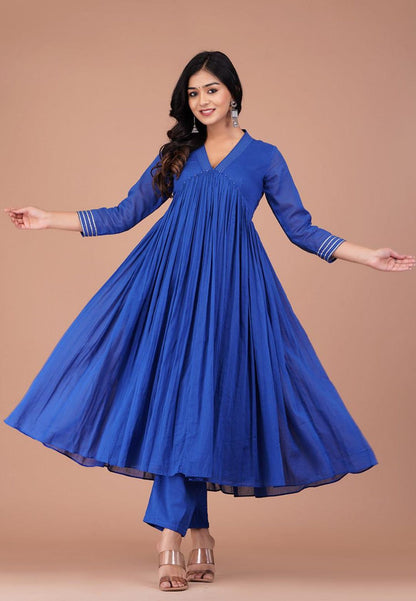 BLUE V NECK COTTON MUL ANARKALI SUIT SET