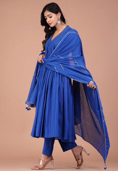 BLUE V NECK COTTON MUL ANARKALI SUIT SET