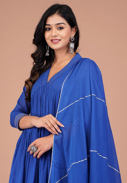 BLUE V NECK COTTON MUL ANARKALI SUIT SET