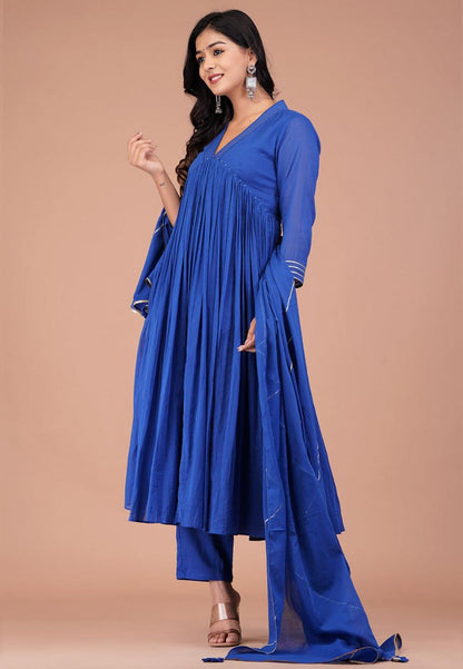 BLUE V NECK COTTON MUL ANARKALI SUIT SET