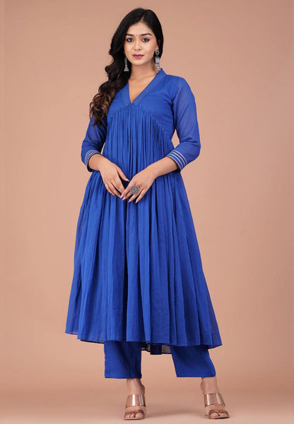 BLUE V NECK COTTON MUL ANARKALI SUIT SET