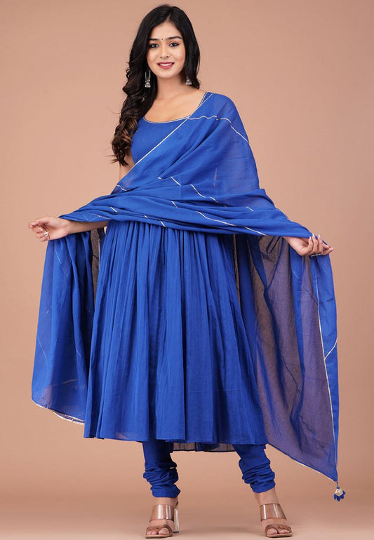 BLUE SLEEVELESS COTTON MUL ANARKALI SUIT SET