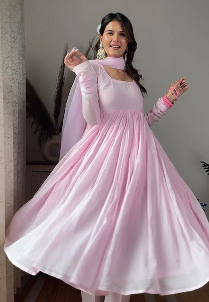 PINK COTTON MALMAL ANARKALI SUIT SET