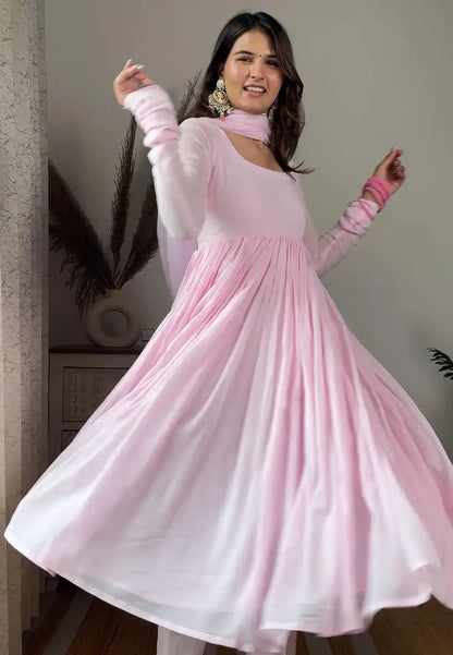 PINK COTTON MALMAL ANARKALI SUIT SET