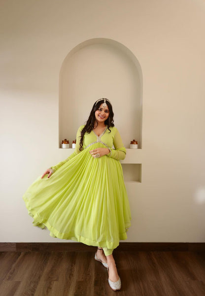 LIME GREEN CHIFFON ANARKALI SUIT SET