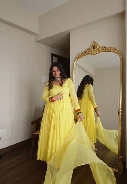 YELLOW COTTON MALMAL ANARKALI SUIT SET