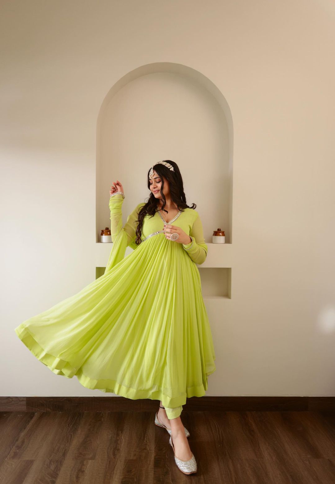 LIME GREEN CHIFFON ANARKALI SUIT SET