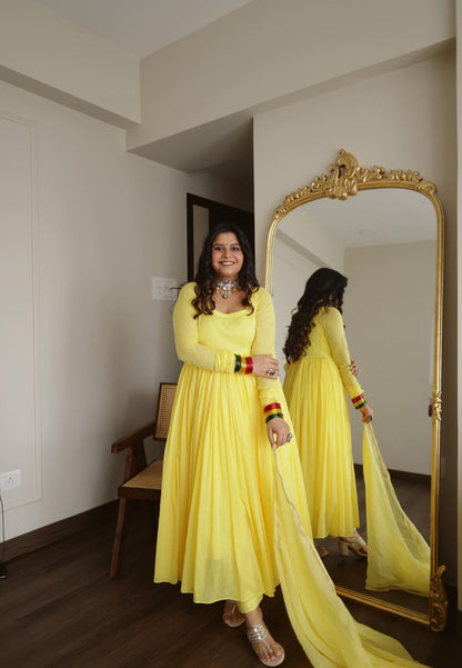 YELLOW COTTON MALMAL ANARKALI SUIT SET