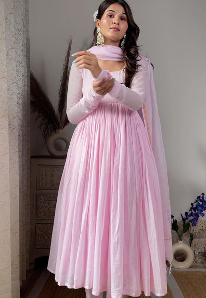 PINK COTTON MALMAL ANARKALI SUIT SET