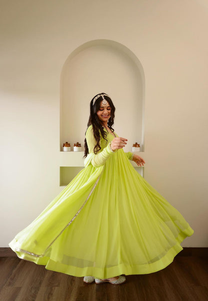 LIME GREEN CHIFFON ANARKALI SUIT SET