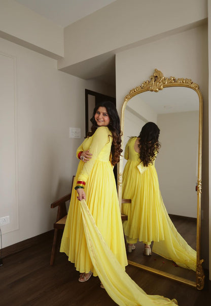 YELLOW COTTON MALMAL ANARKALI SUIT SET