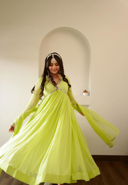 LIME GREEN CHIFFON ANARKALI SUIT SET