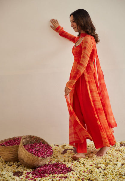 DEEP ORANGE SUNRISE SHIBORI SUIT SET