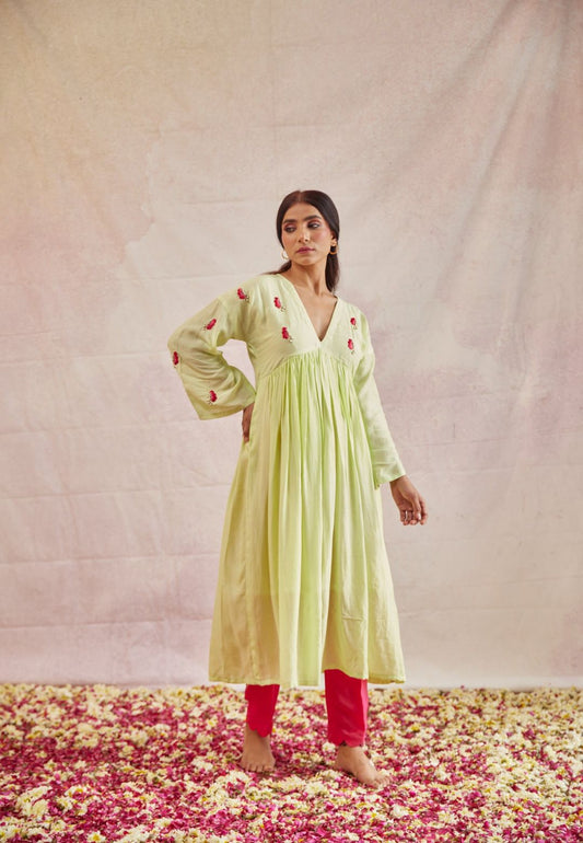 LIME TITLI COTTON SILK BUTTERFLY KURTA SET