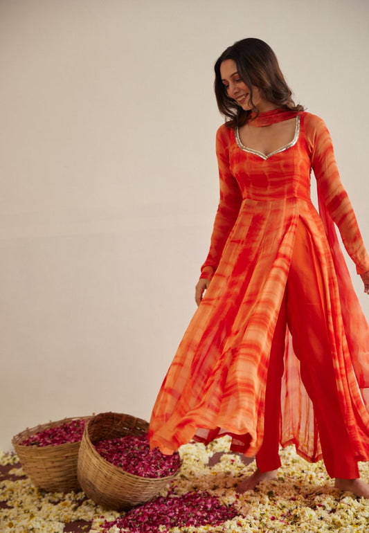 DEEP ORANGE SUNRISE SHIBORI SUIT SET