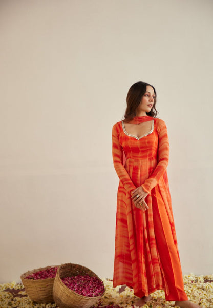 DEEP ORANGE SUNRISE SHIBORI SUIT SET