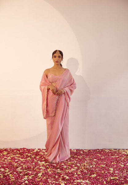 POWDER PINK TISSUE SILK SAREE SET