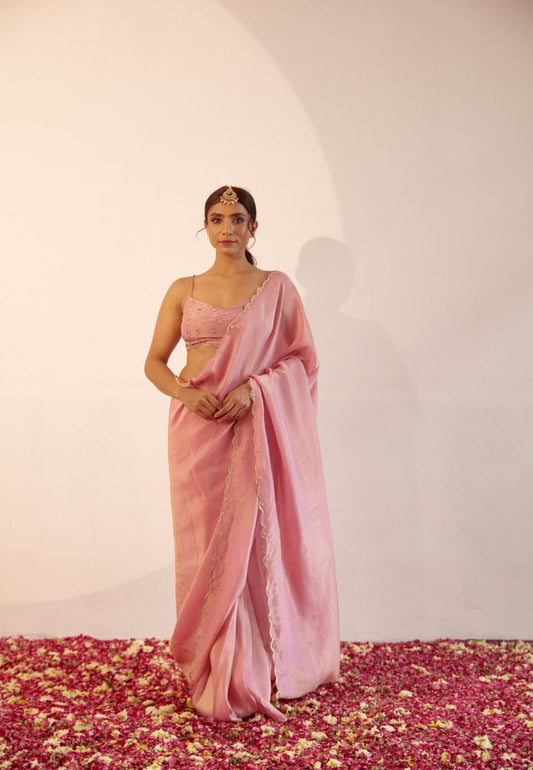 POWDER PINK TISSUE SILK SAREE SET